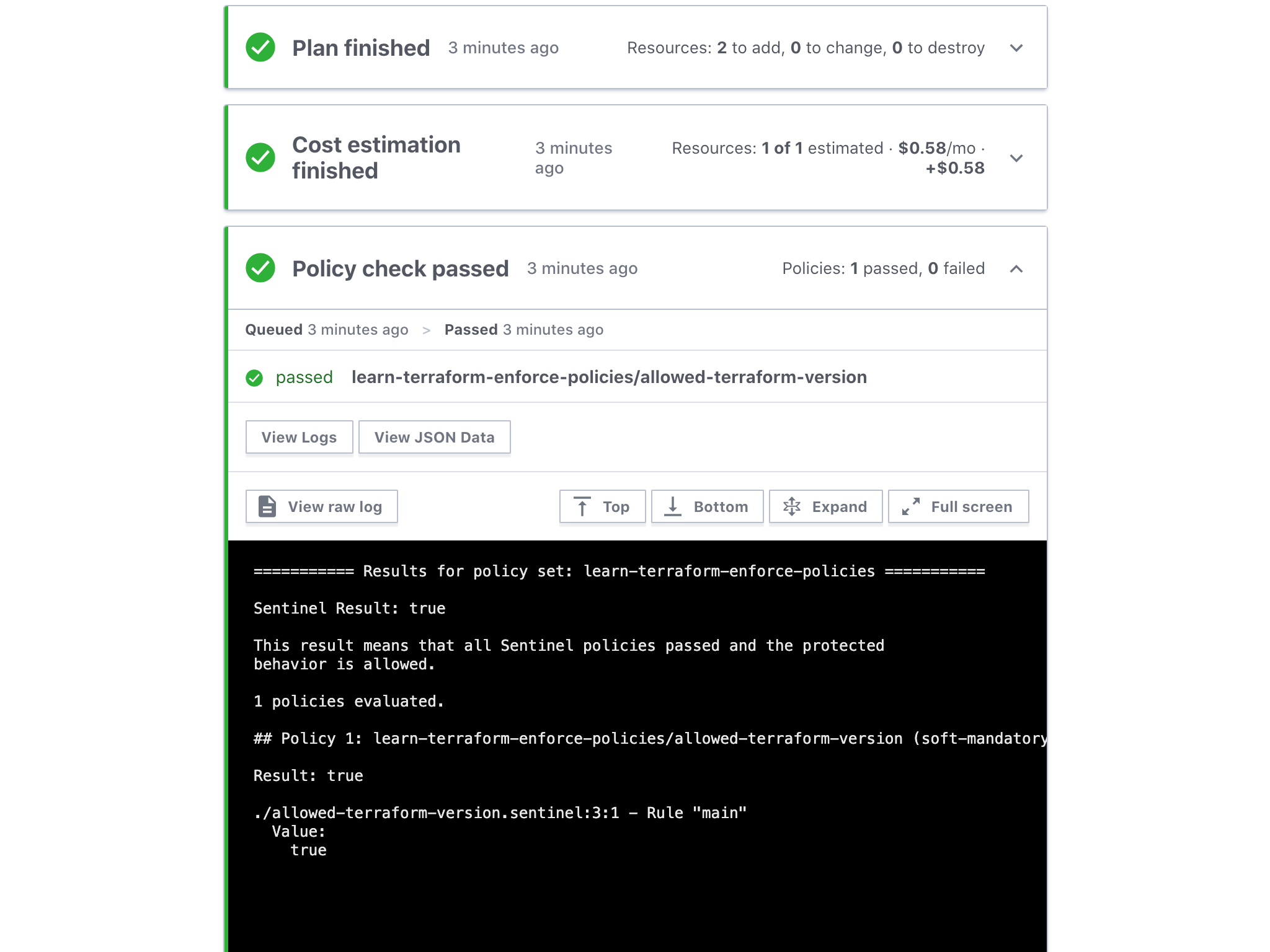 Terraform Cloud run policy check passed