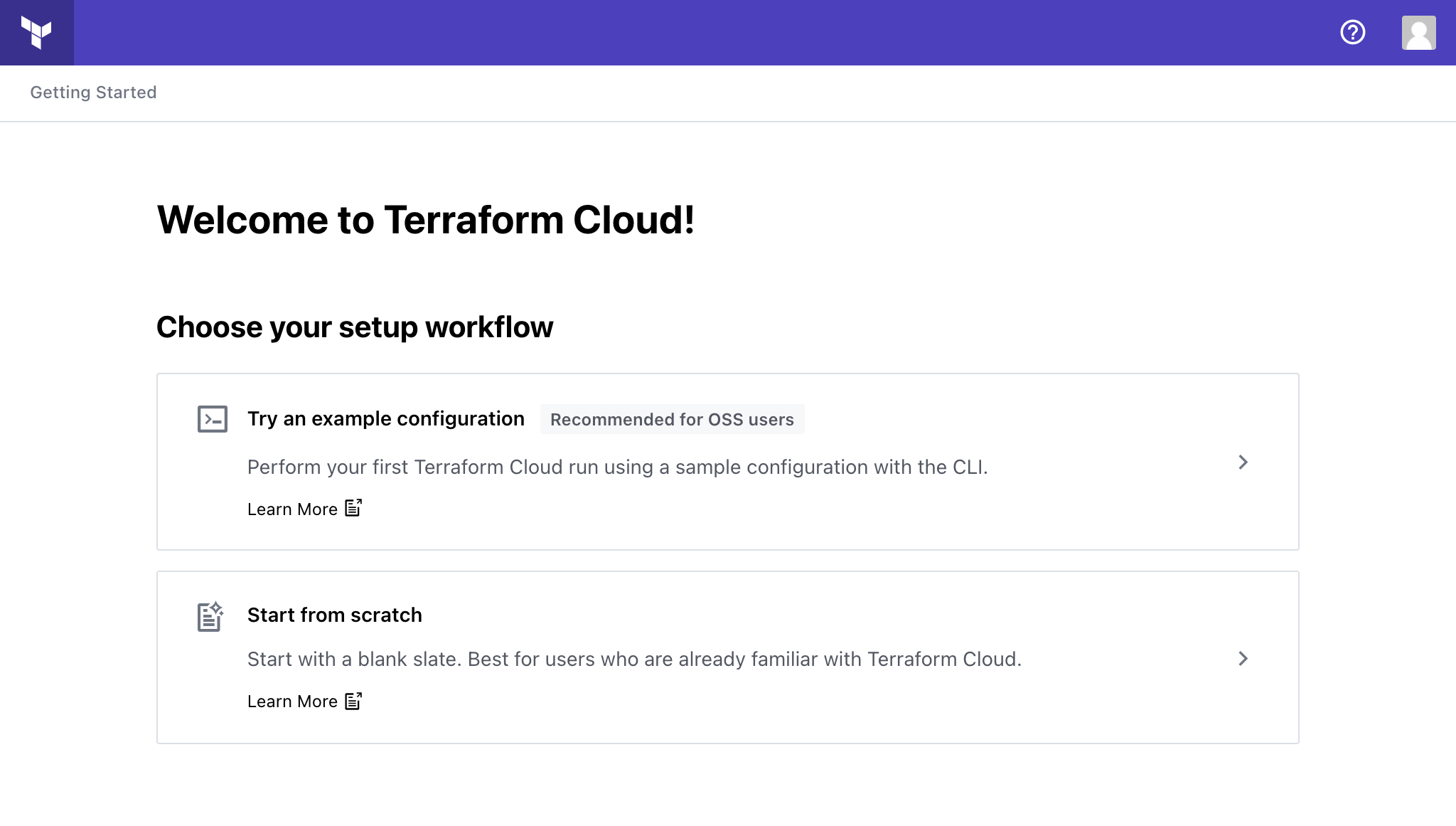 Select "Start from scratch" for your setup workflow in the Terraform Cloud web UI.