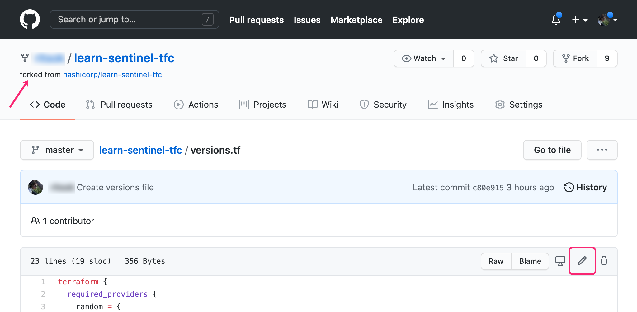 Edit versions.tf file in Github