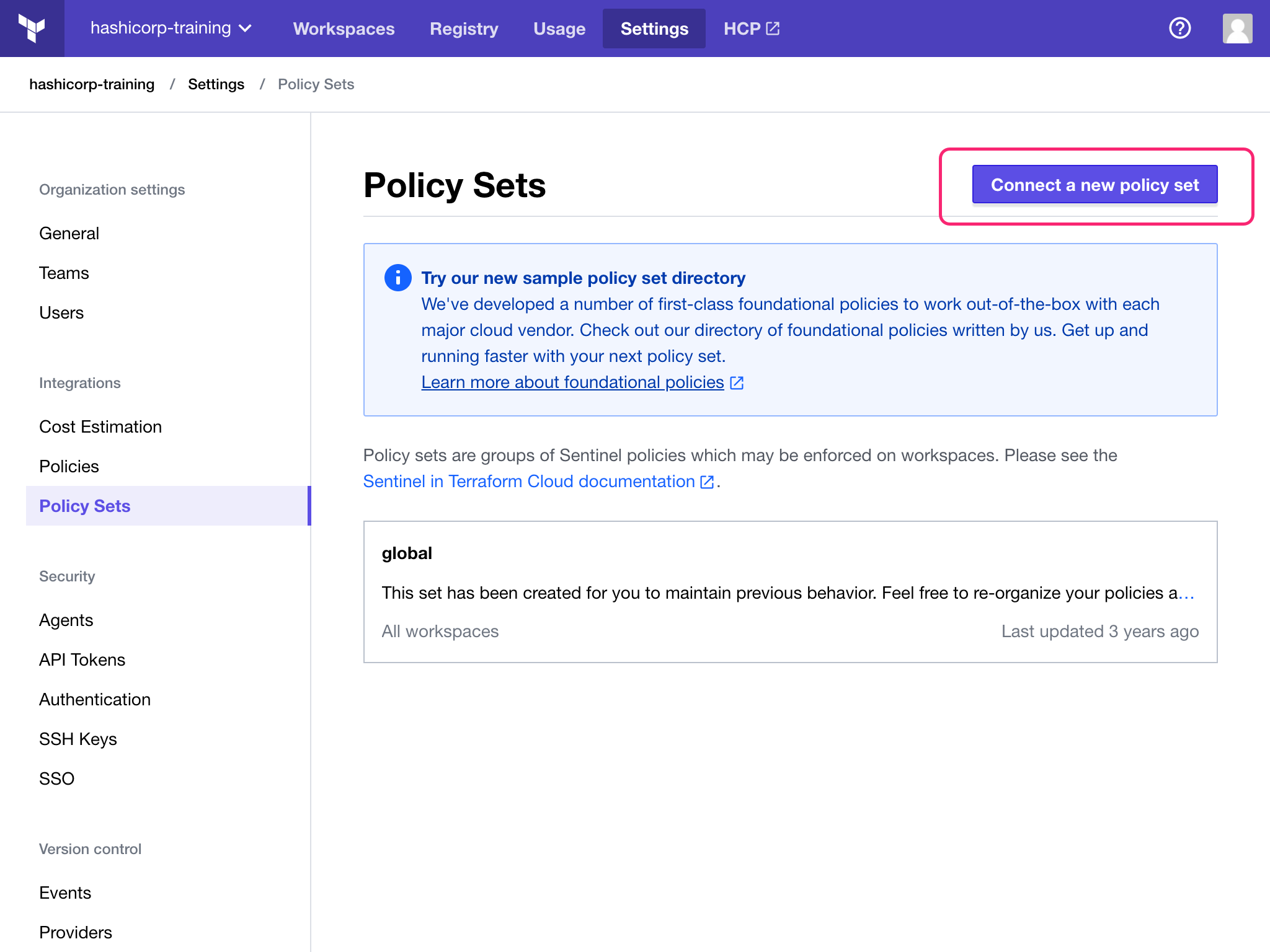 Terraform Cloud policy sets page