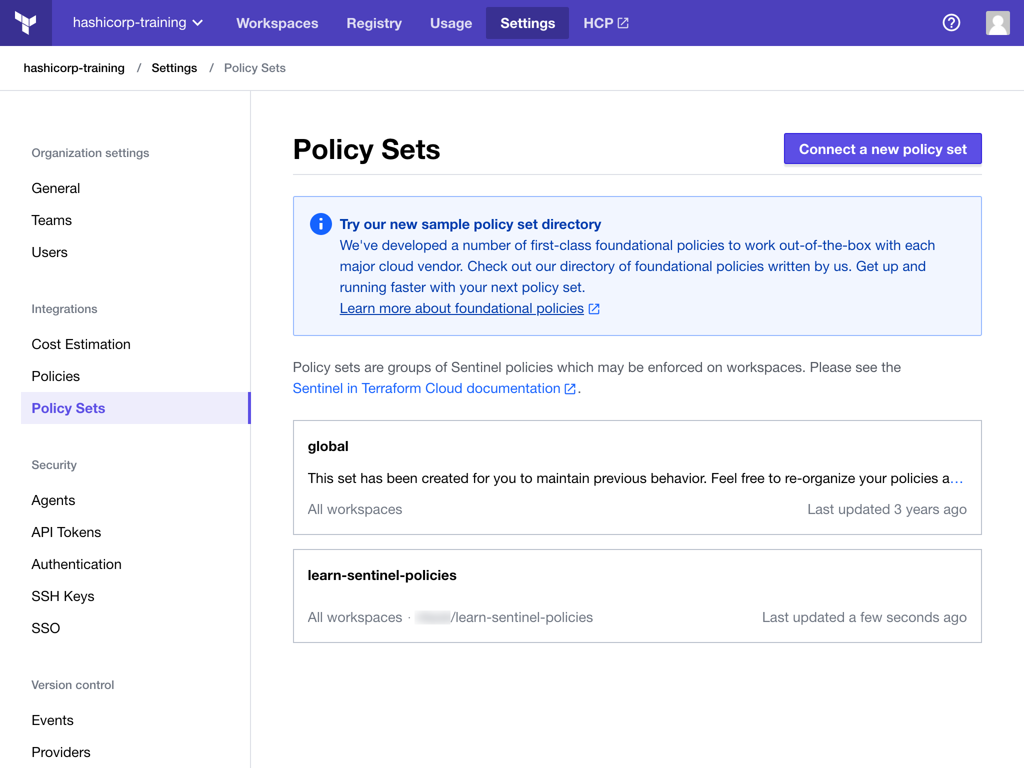 Terraform Cloud new policy set added