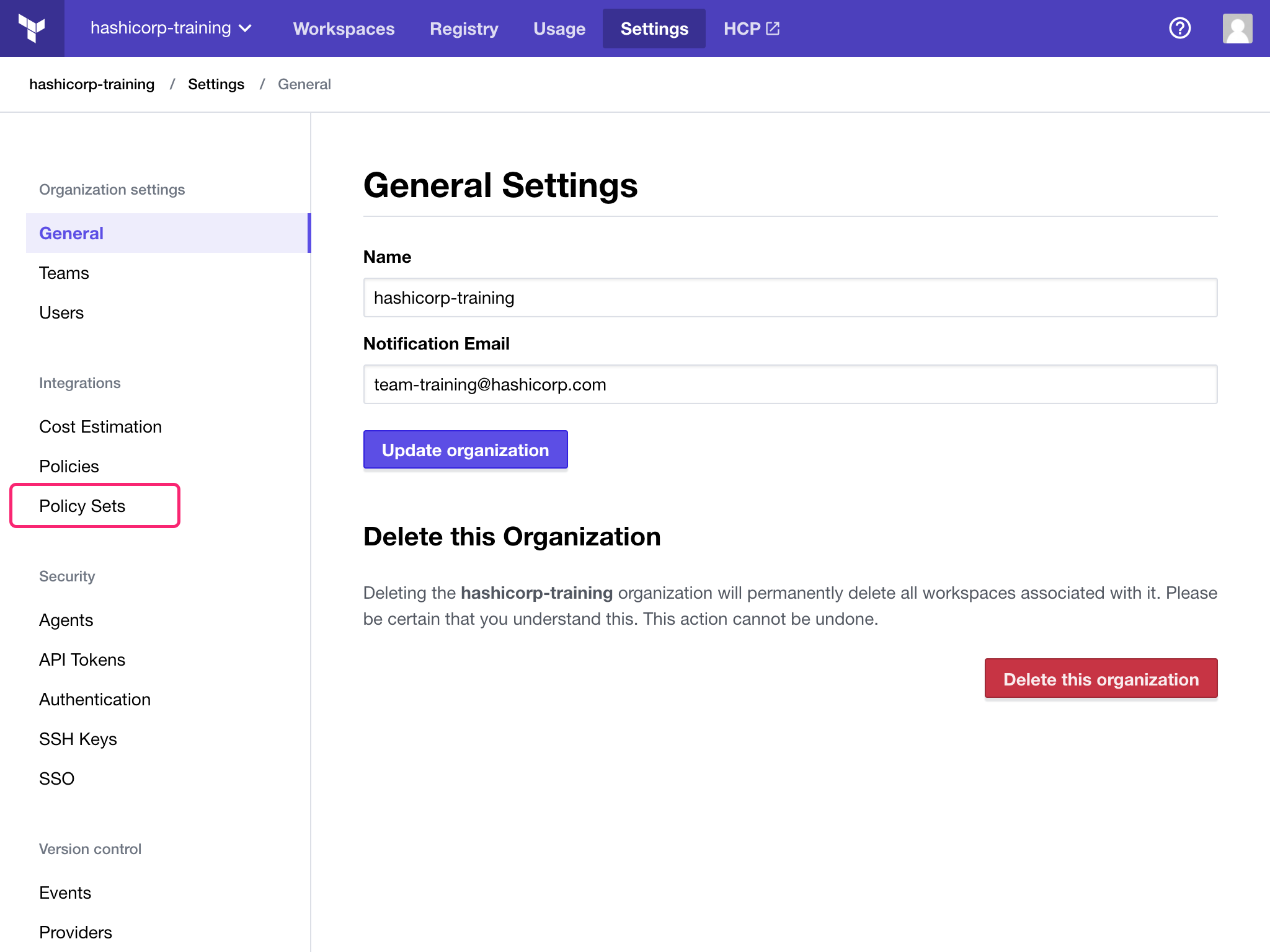 Terraform Cloud general settings page with Policy Sets link highlighted