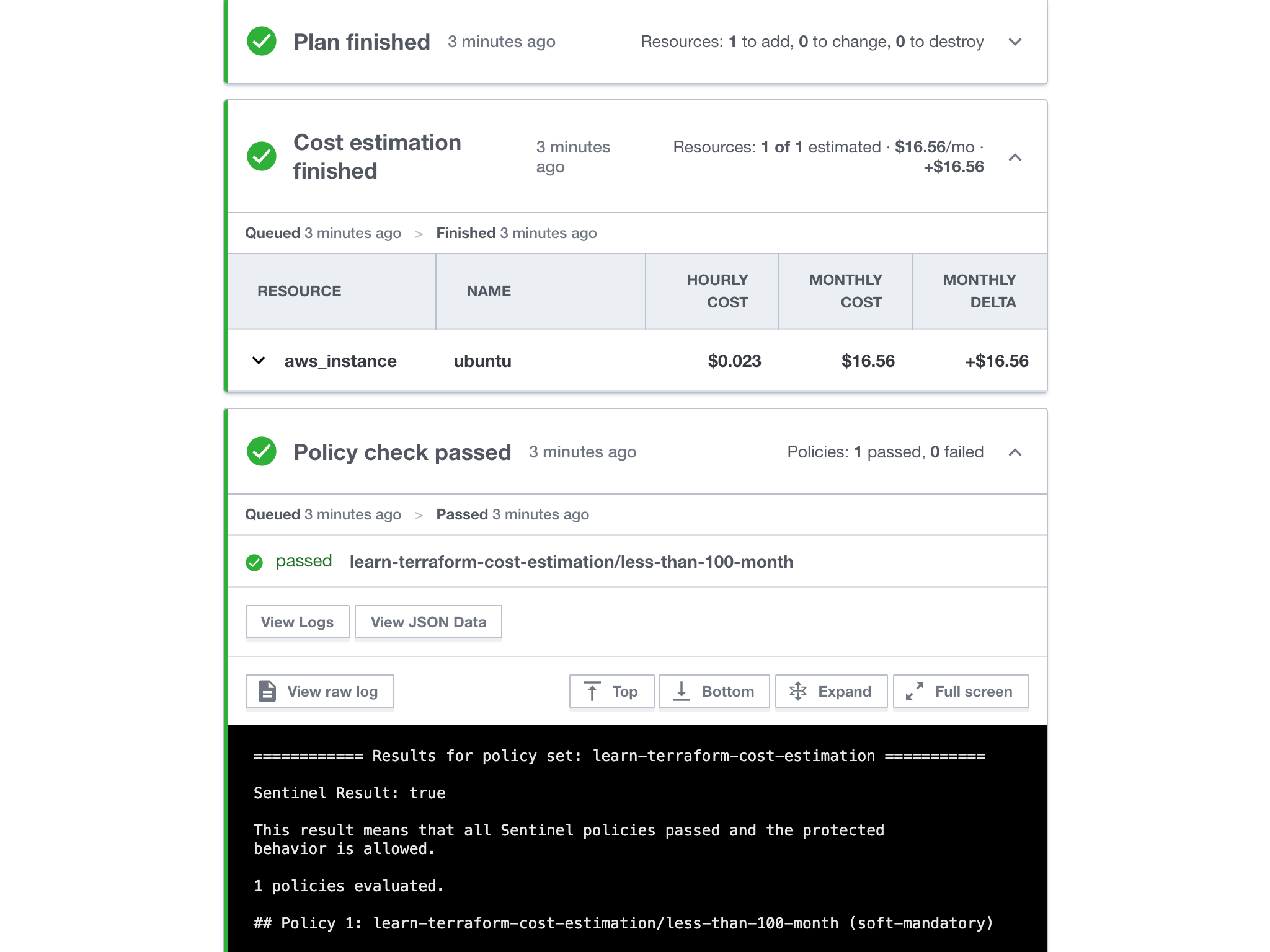 Terraform Cloud cost estimation Sentinel check passed