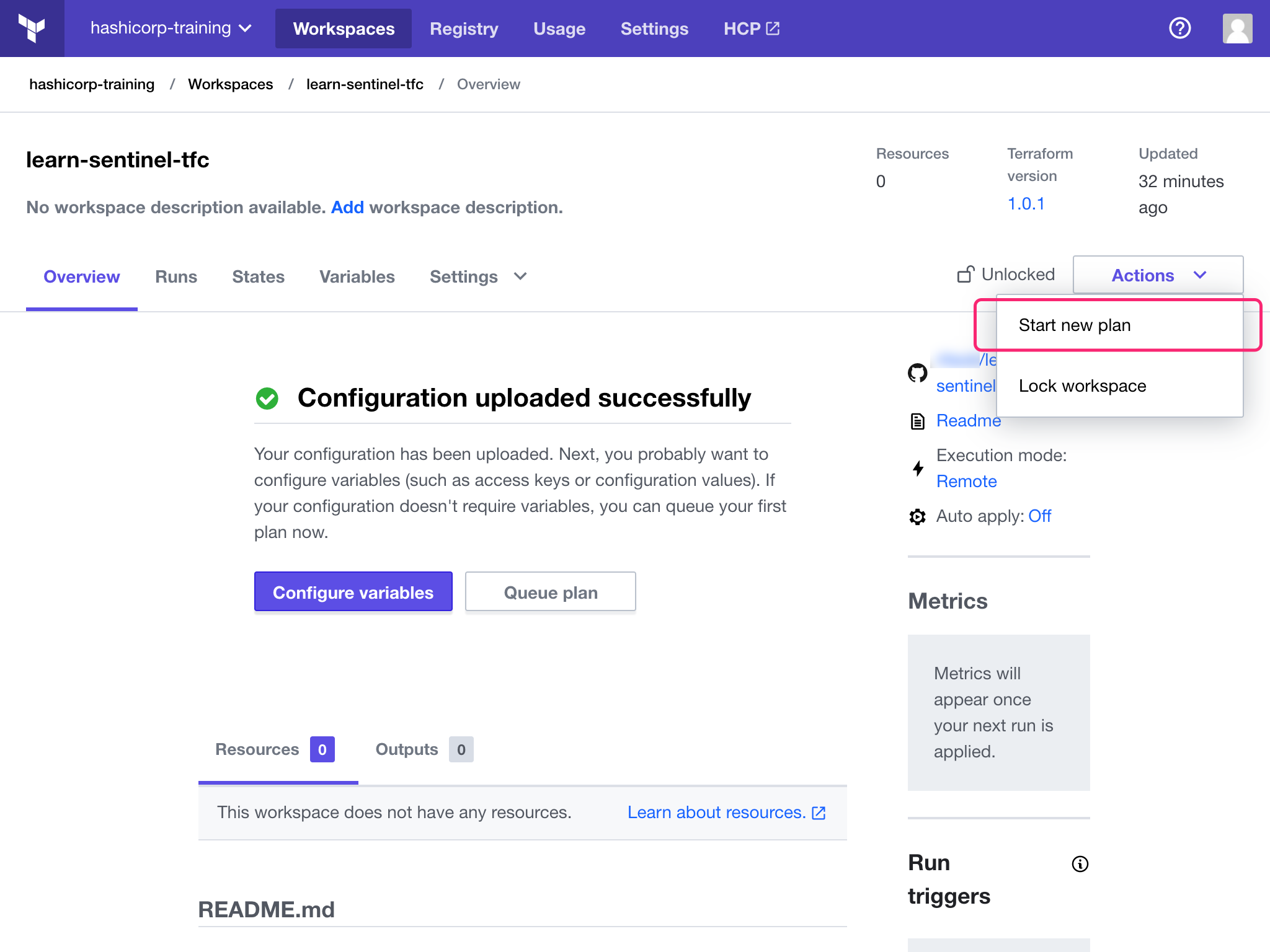 Start a Terraform Cloud plan run